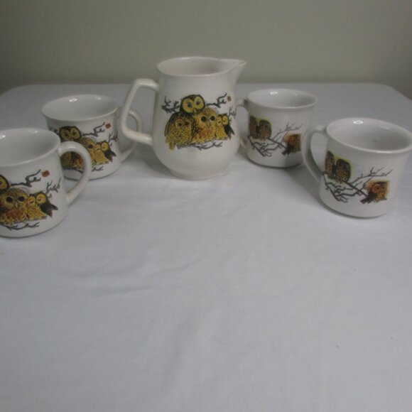 Enesco Tea Pot 4 Mug Set Owls Vintage - Picture 2 of 13